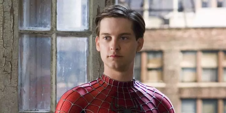 Toby Maguire - who clearly wasn't a teenager at this point - as Spider-Man.