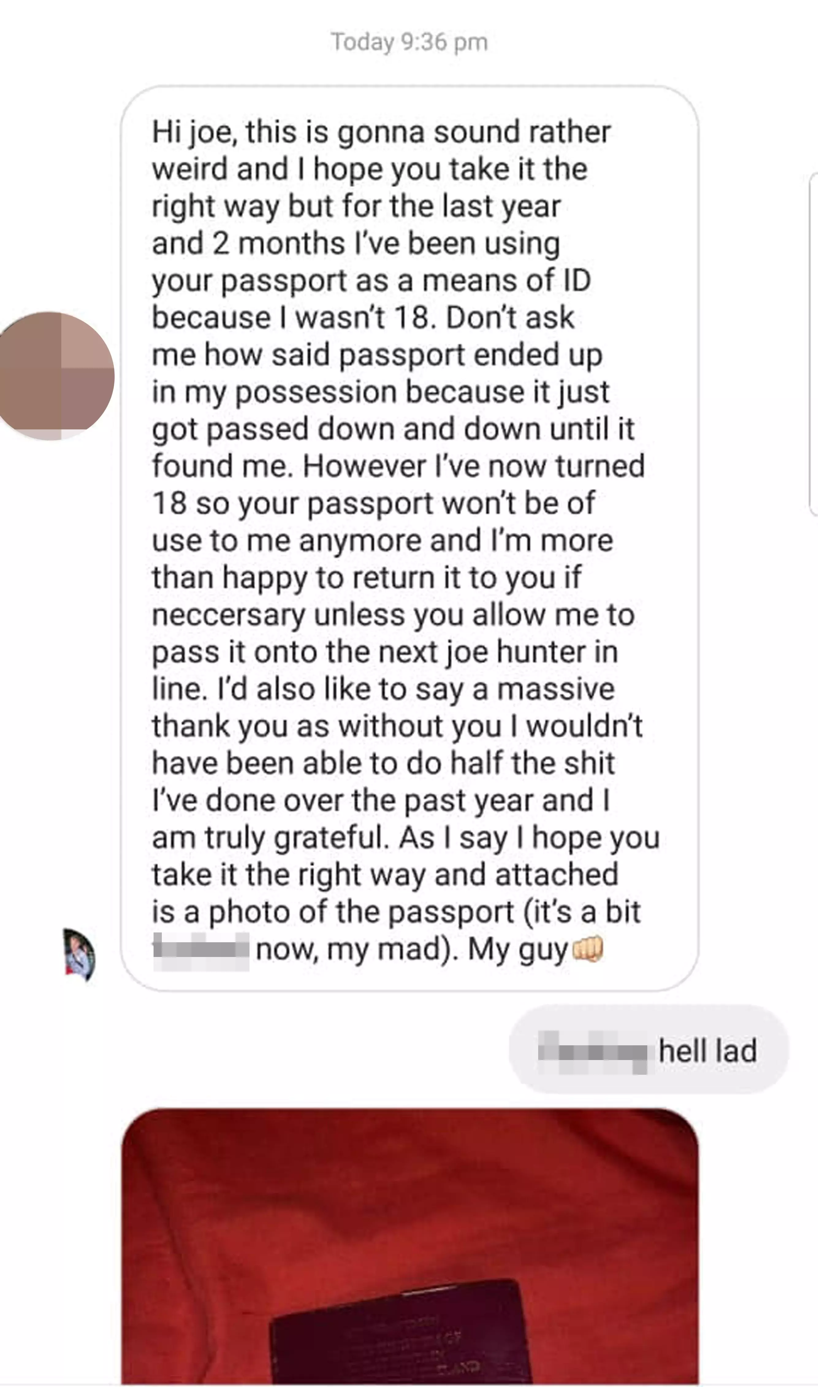 Joe received this hilarious message from the passport thief.
