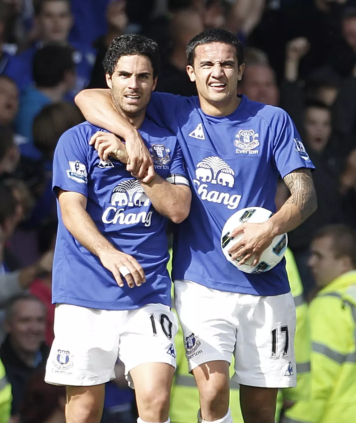 Arsenal manager Mikel Arteta and Sky Sports pundit Tim Cahill during their time at Everton.