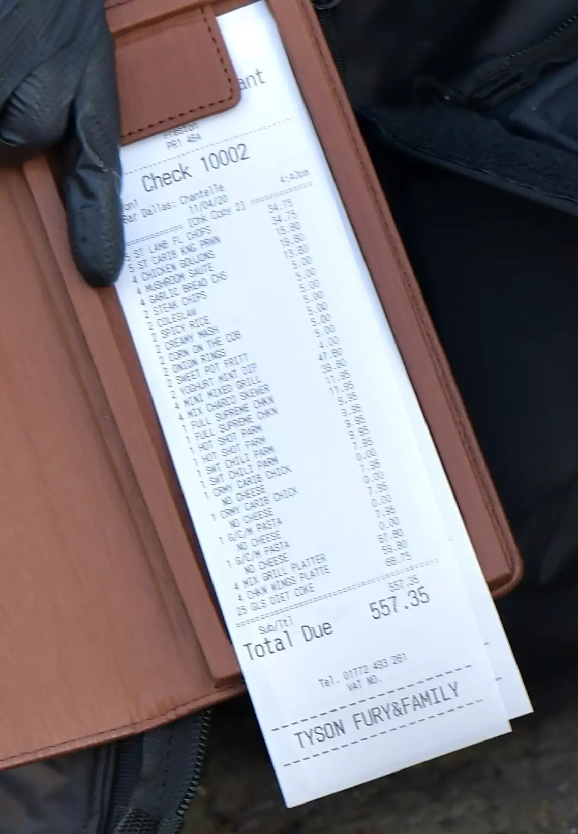 Fury's £557 bill for the takeaway.