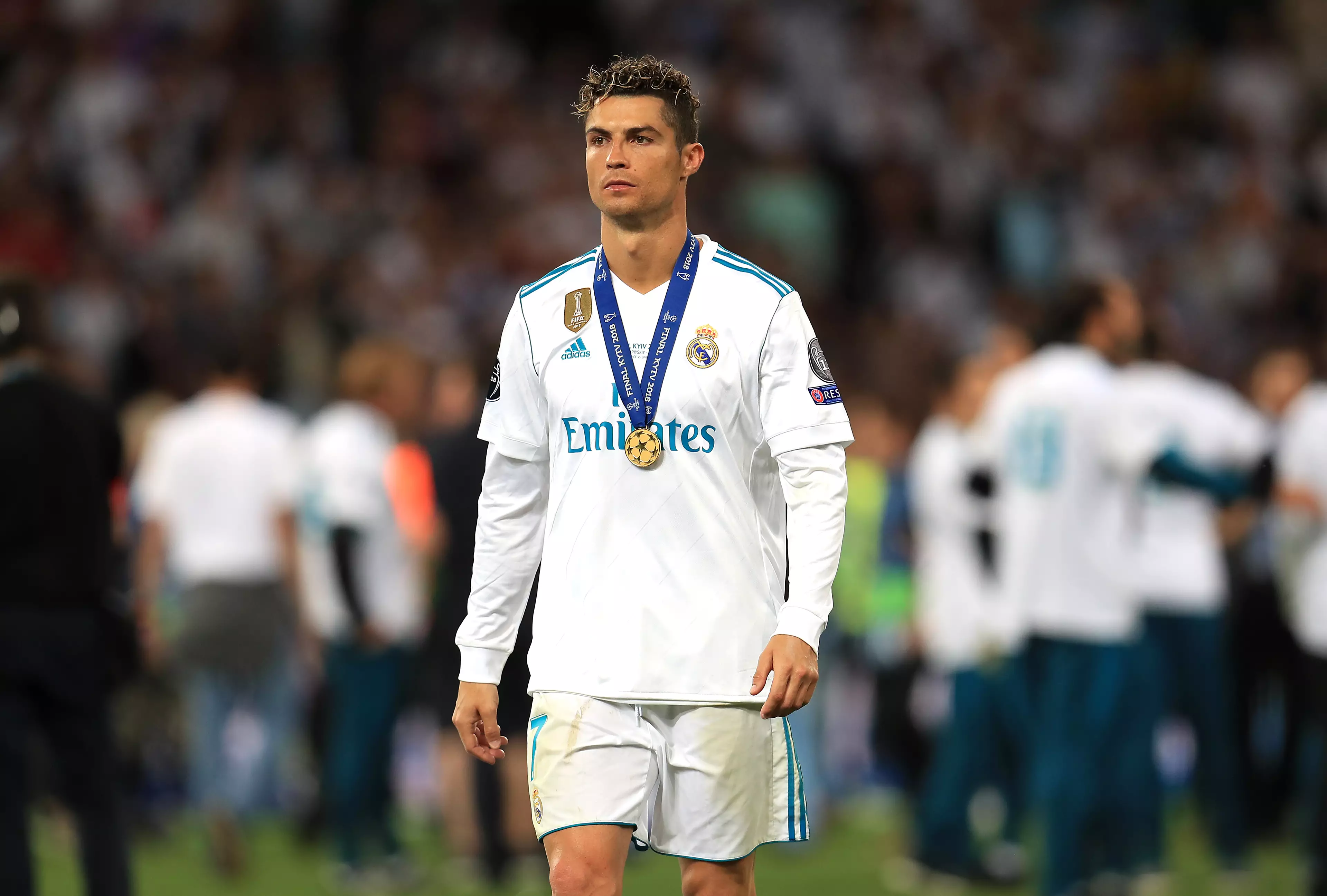 Ronaldo with his fifth medal but he wasn't that happy. Image: PA Images
