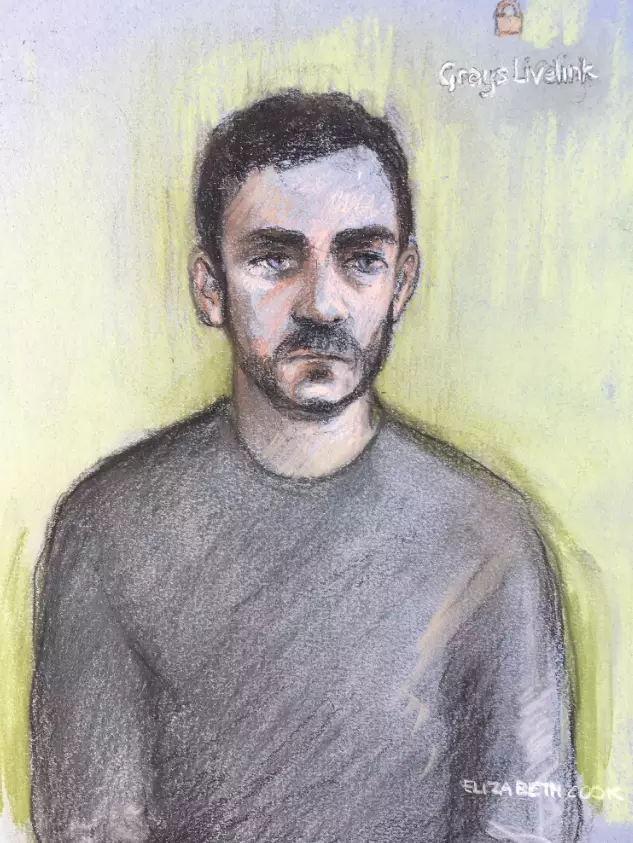 Court artist file sketch by Elizabeth Cook of lorry driver Maurice Robinson, 25, appearing by video-link at Chelmsford Magistrates' Court last month.