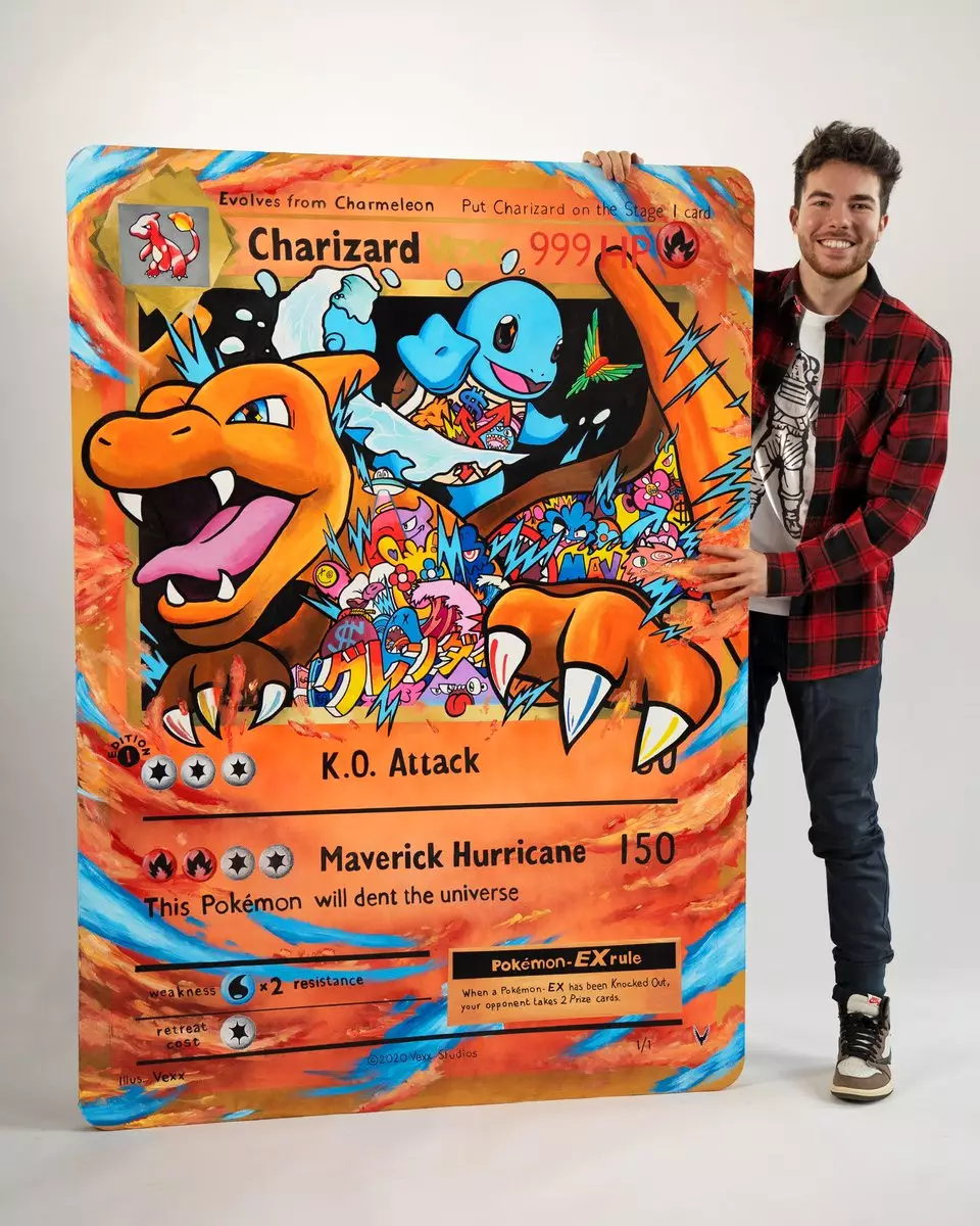 Vexx with his replica Pokémon card art piece /