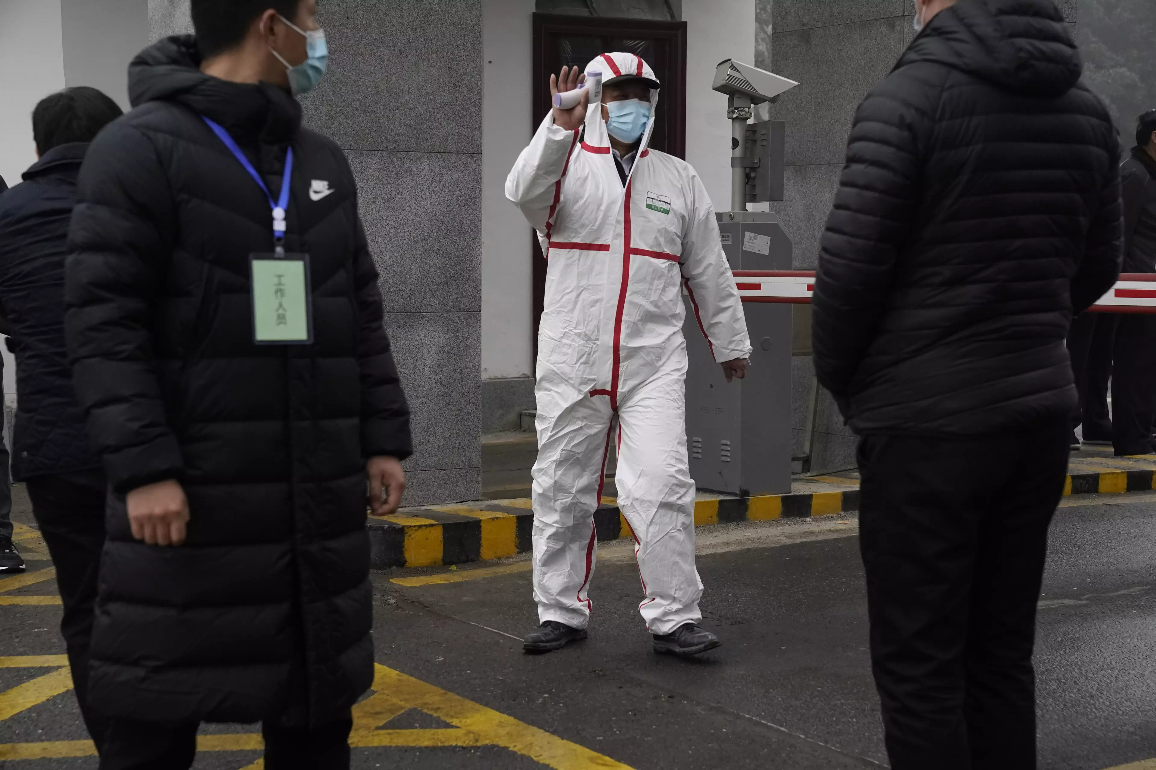 Marion Koopmans of a World Health Organization team arrives at the Hubei Center for Disease Control and Prevention in Wuhan.