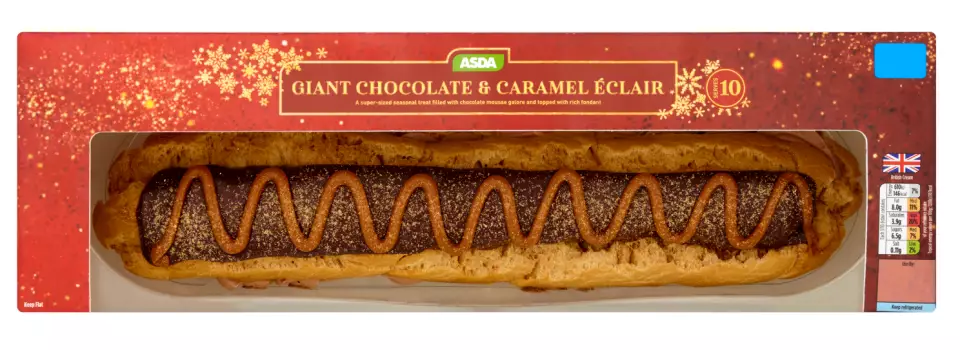 The giant eclair is filled with chocolate mousse and caramel flavour sauce. (