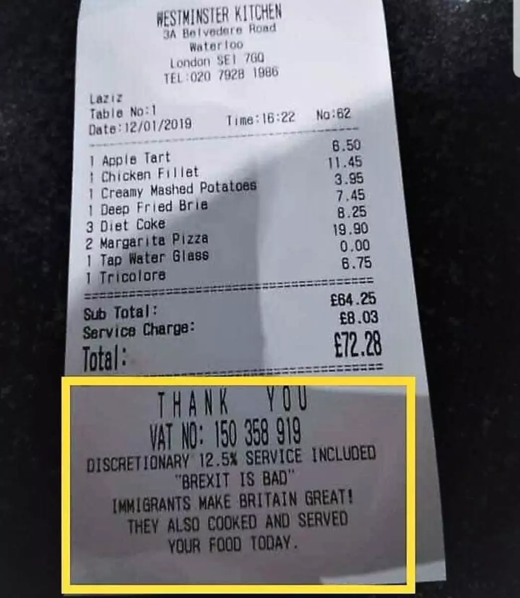 A photo of a receipt from Westminster Kitchen went viral receipt for its message.