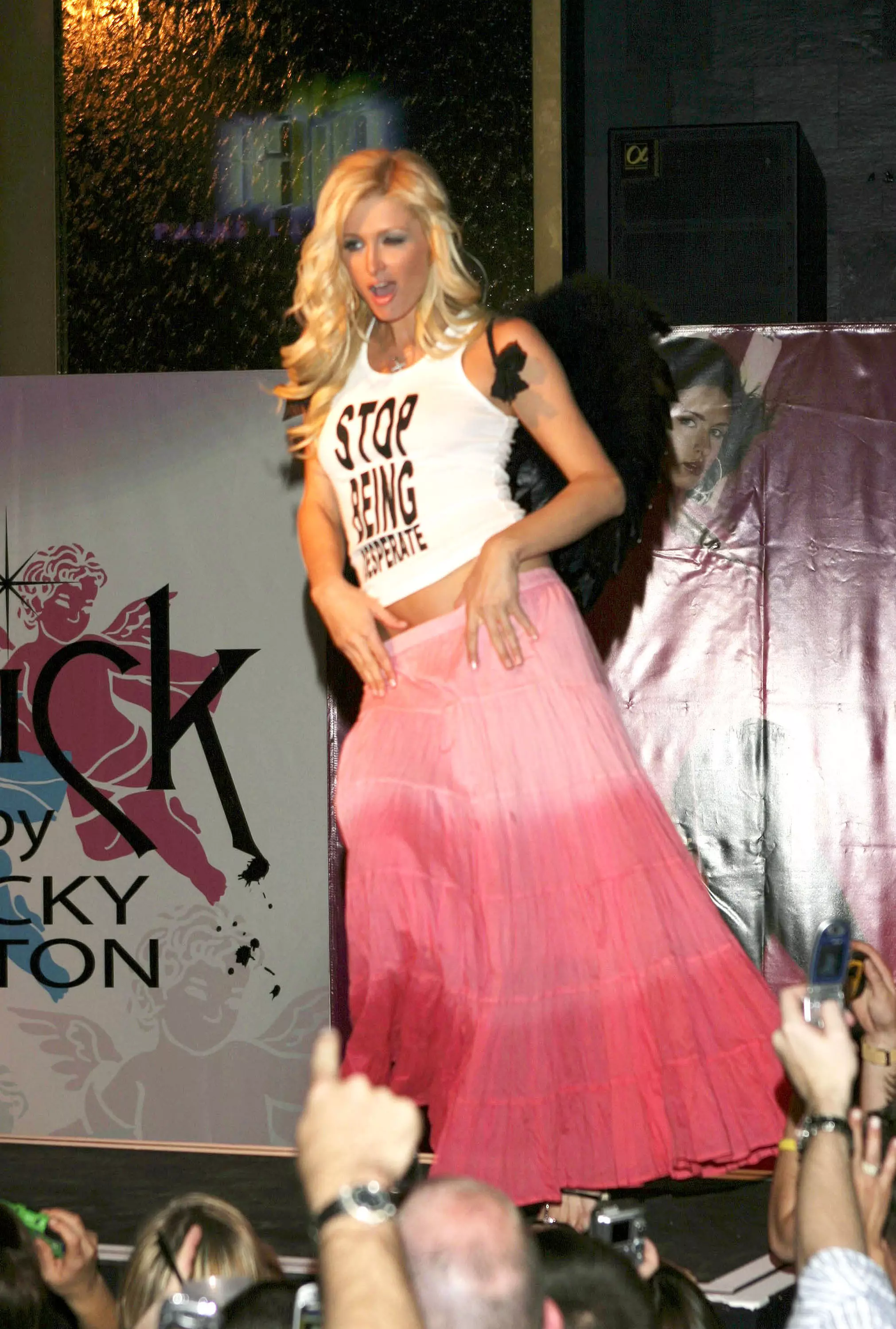 Paris Hilton in the real T-Shirt at her sister Nicky's fashion launch in 2005.