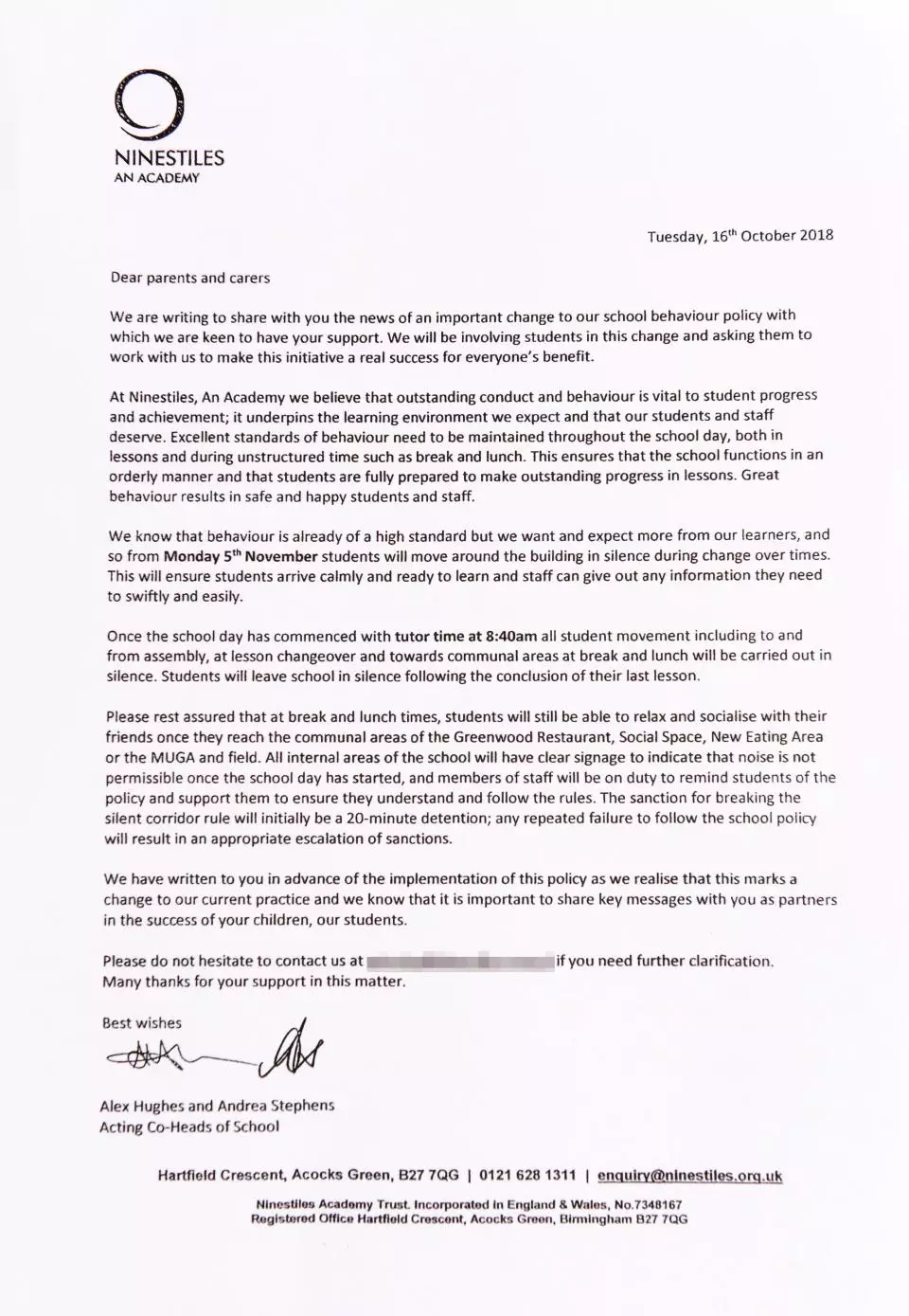 The letter explaining the school's 'no talking policy'.