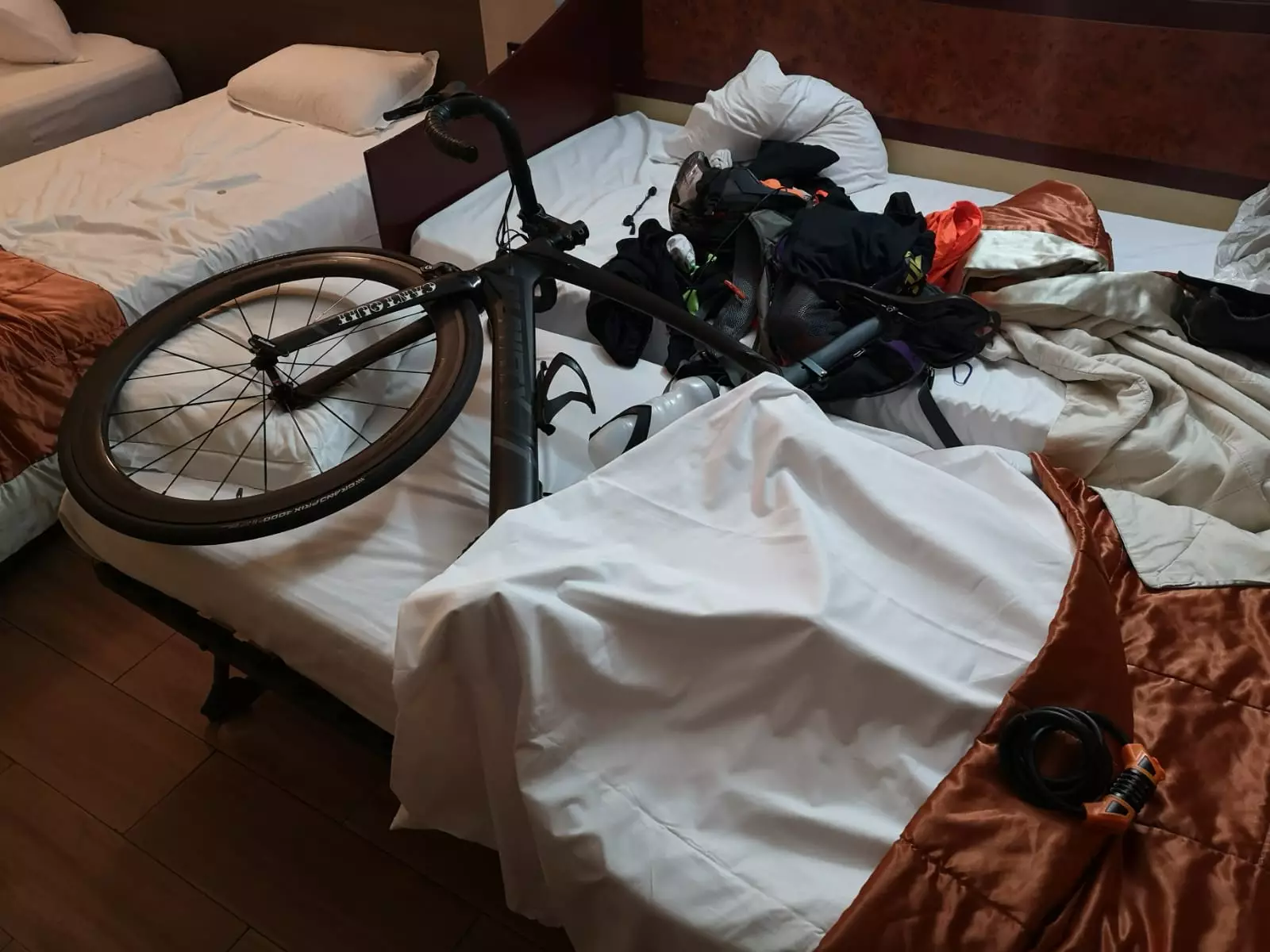 One of the bikes tucked up in bed.