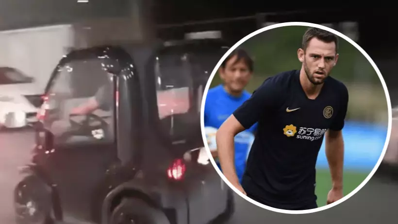 Inter Milan Defender Stefan de Vrij Arrives At Team Dinner Driving Tiny Eco Car 