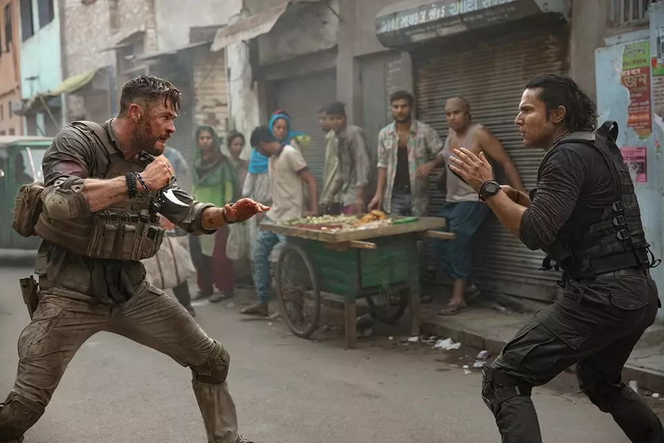 Chris Hemsworth and Rudhraksh Jaiswal in Hargrave's directorial debut, Extraction.