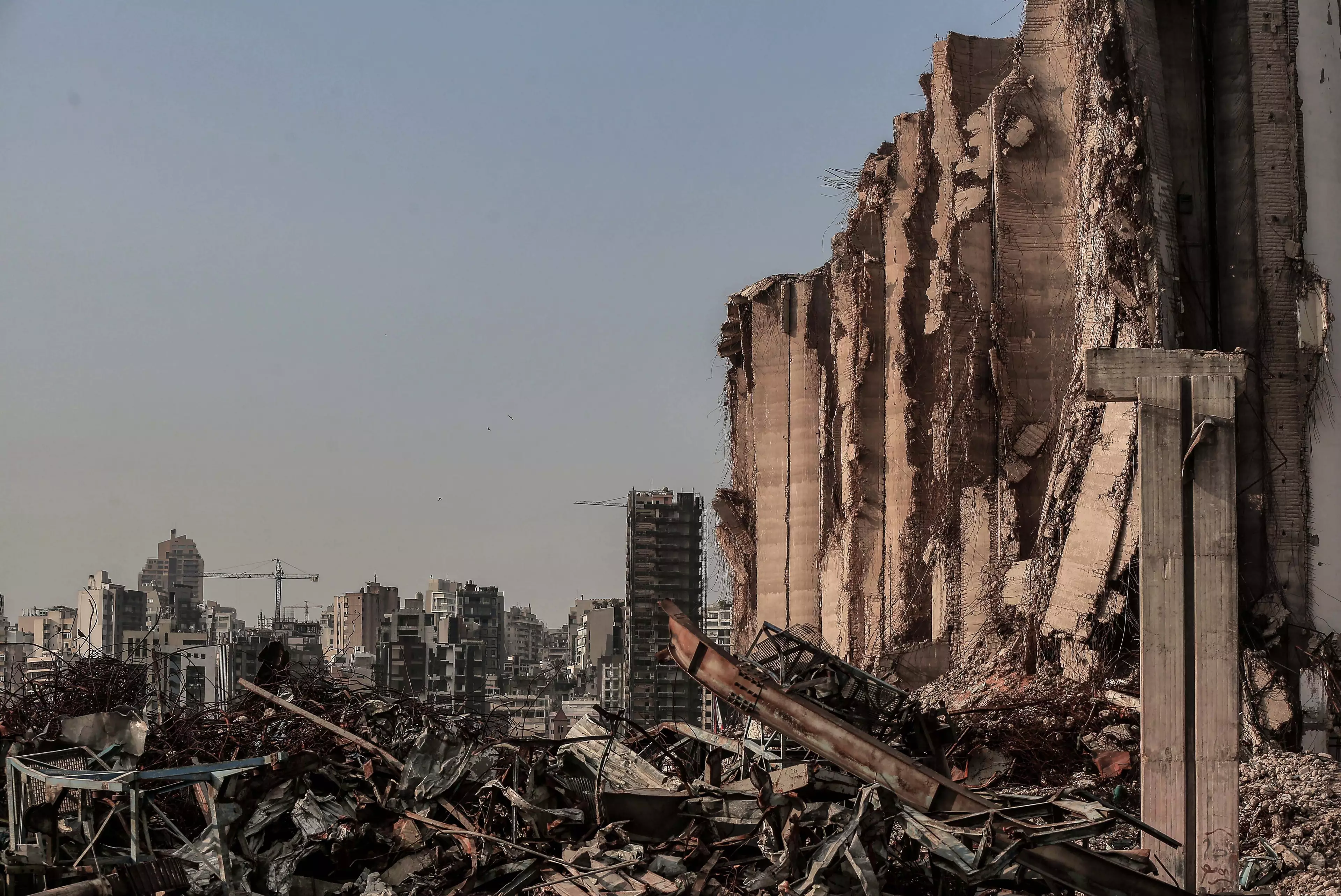 The grain silo at the Port of Beirut still stands in ruins.