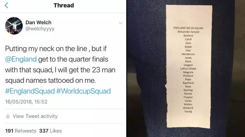 England Fan Gets Whole World Cup Squad Tattoo On His Leg
