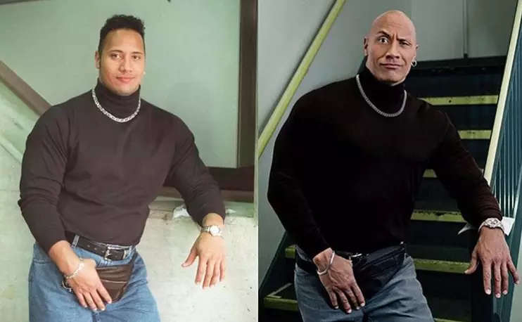 The original photo of The Rock, along with his recreation of the look more recently.
