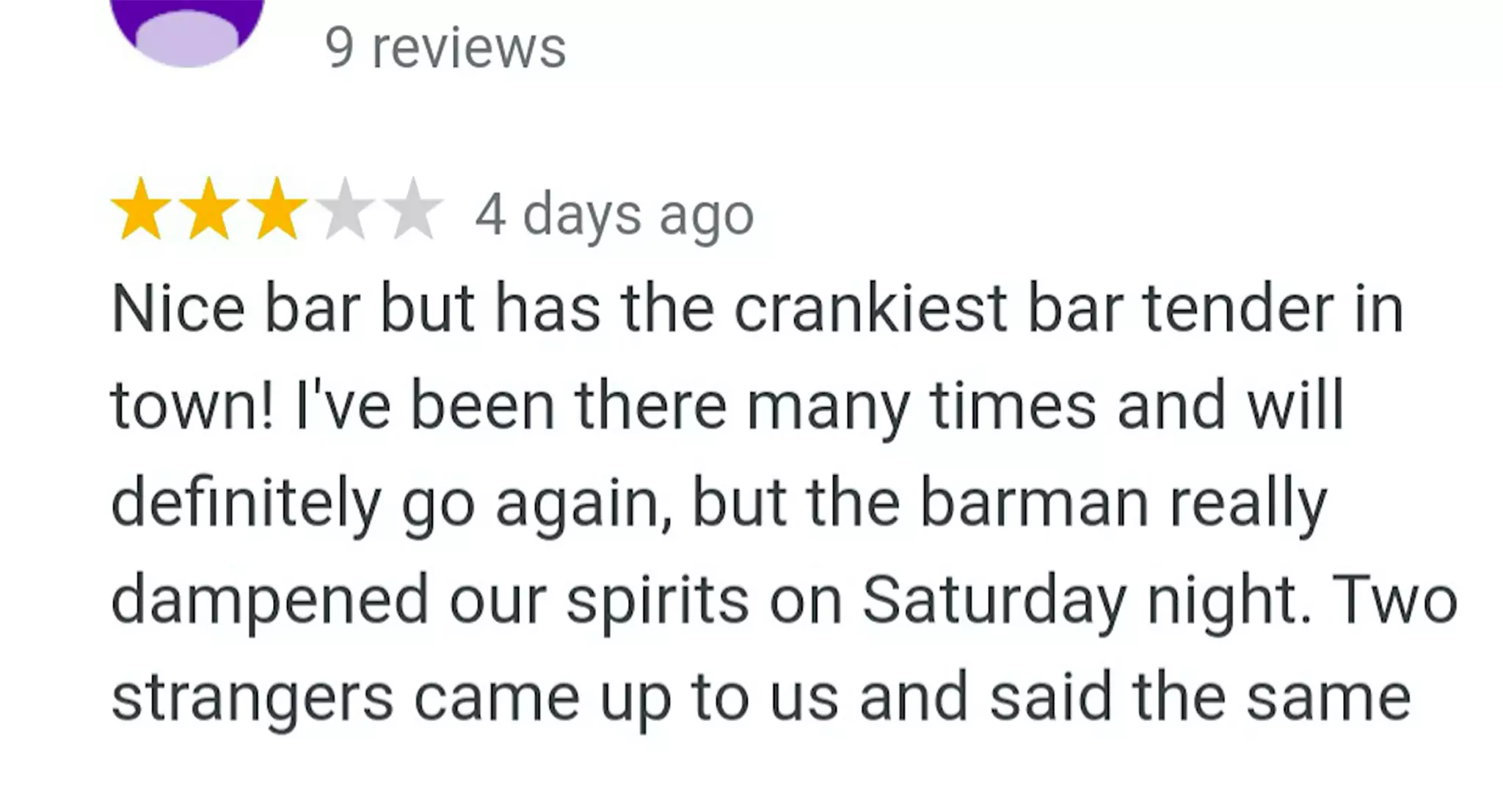 The review accused the barman of being cranky (