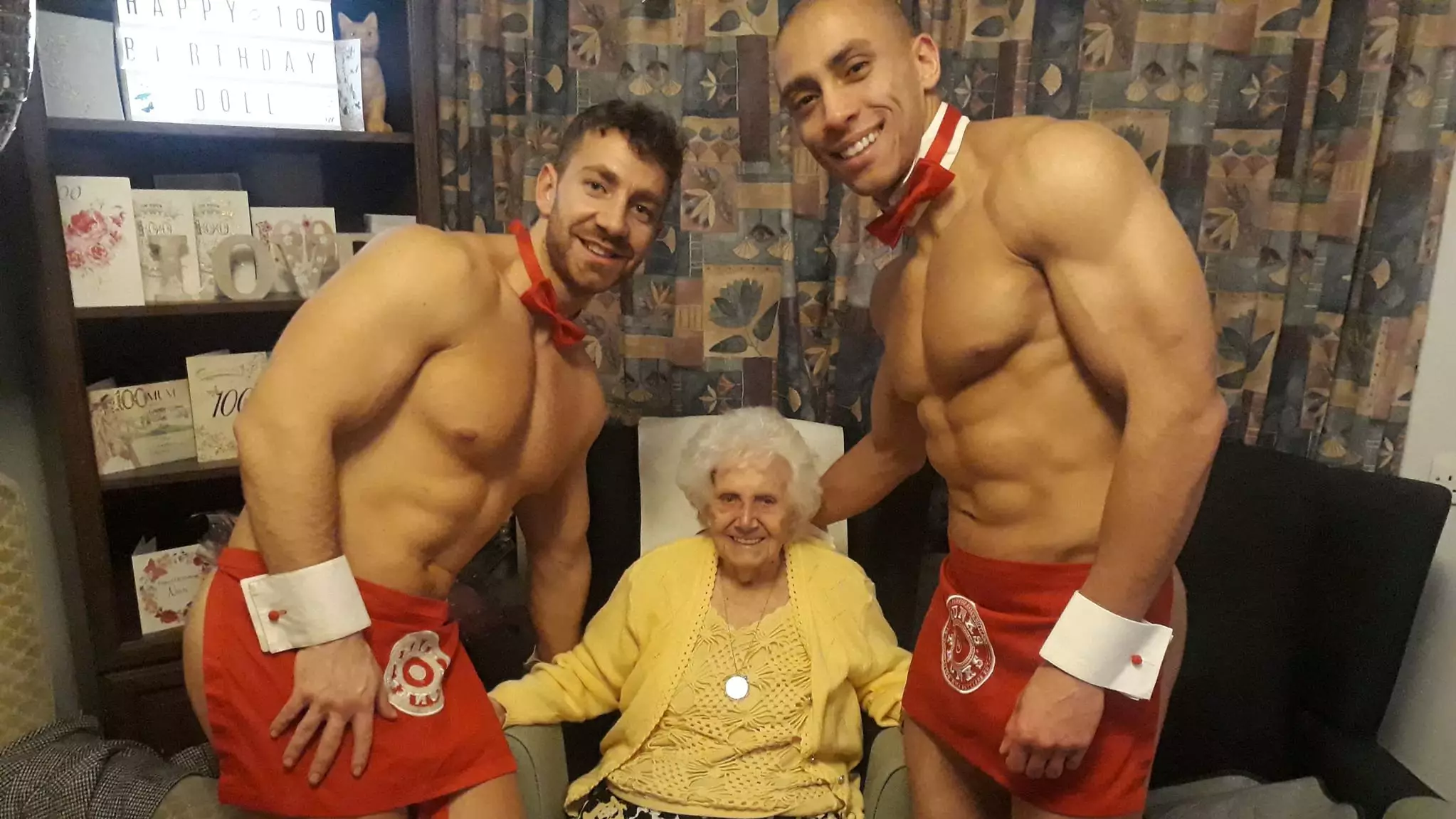 Great Grandmother Celebrates 100th Birthday With Hunks In Trunks