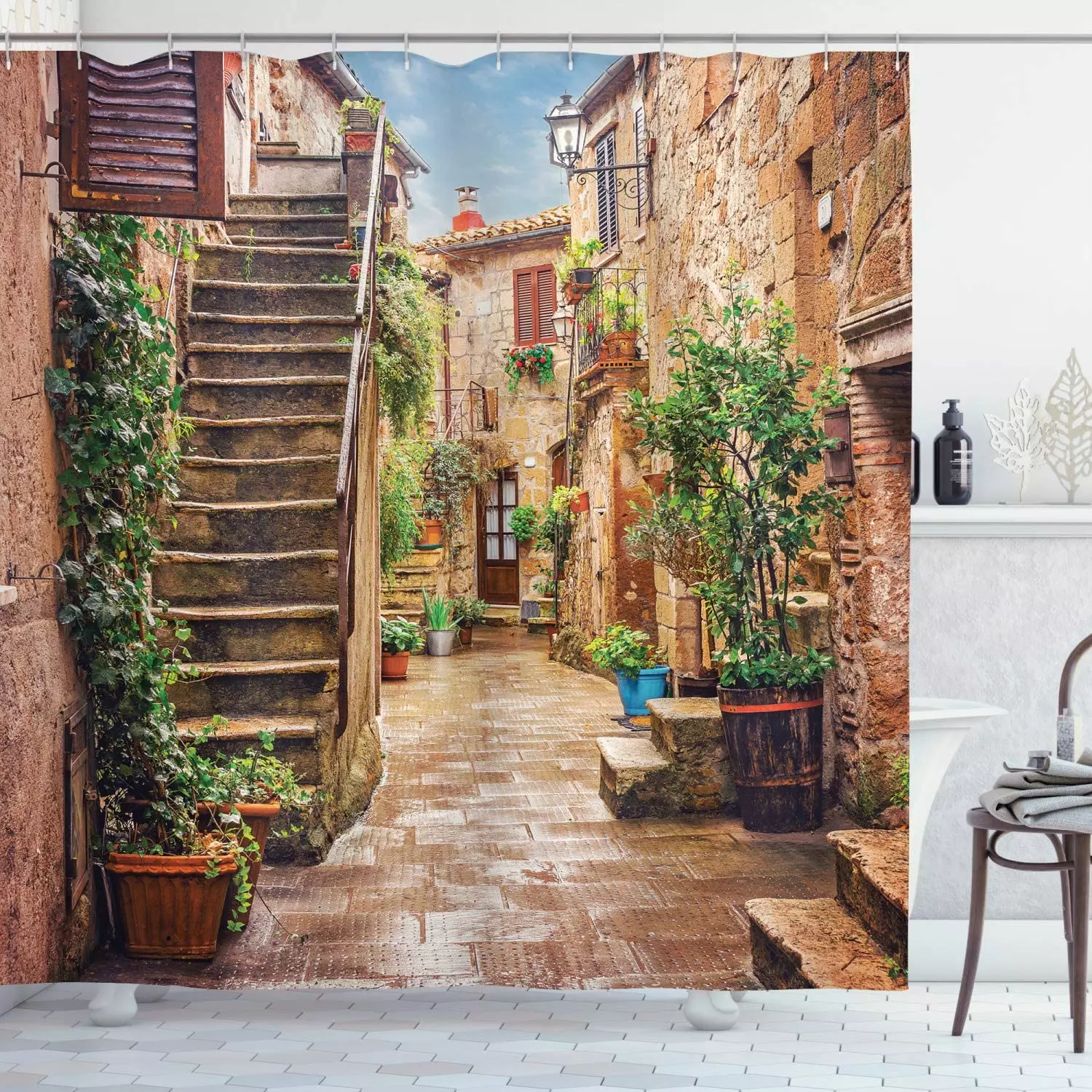 We love this Italian cobbled street shower curtain from Amazon (