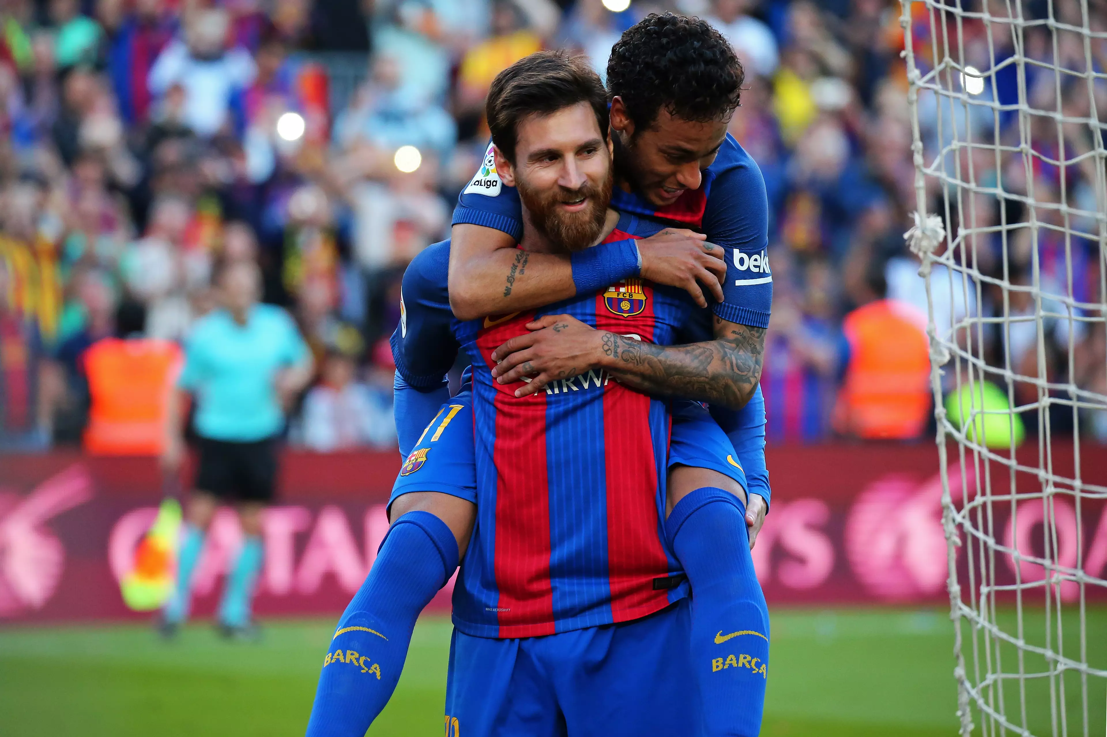 Neymar and Messi celebrate back in the day. Image: PA