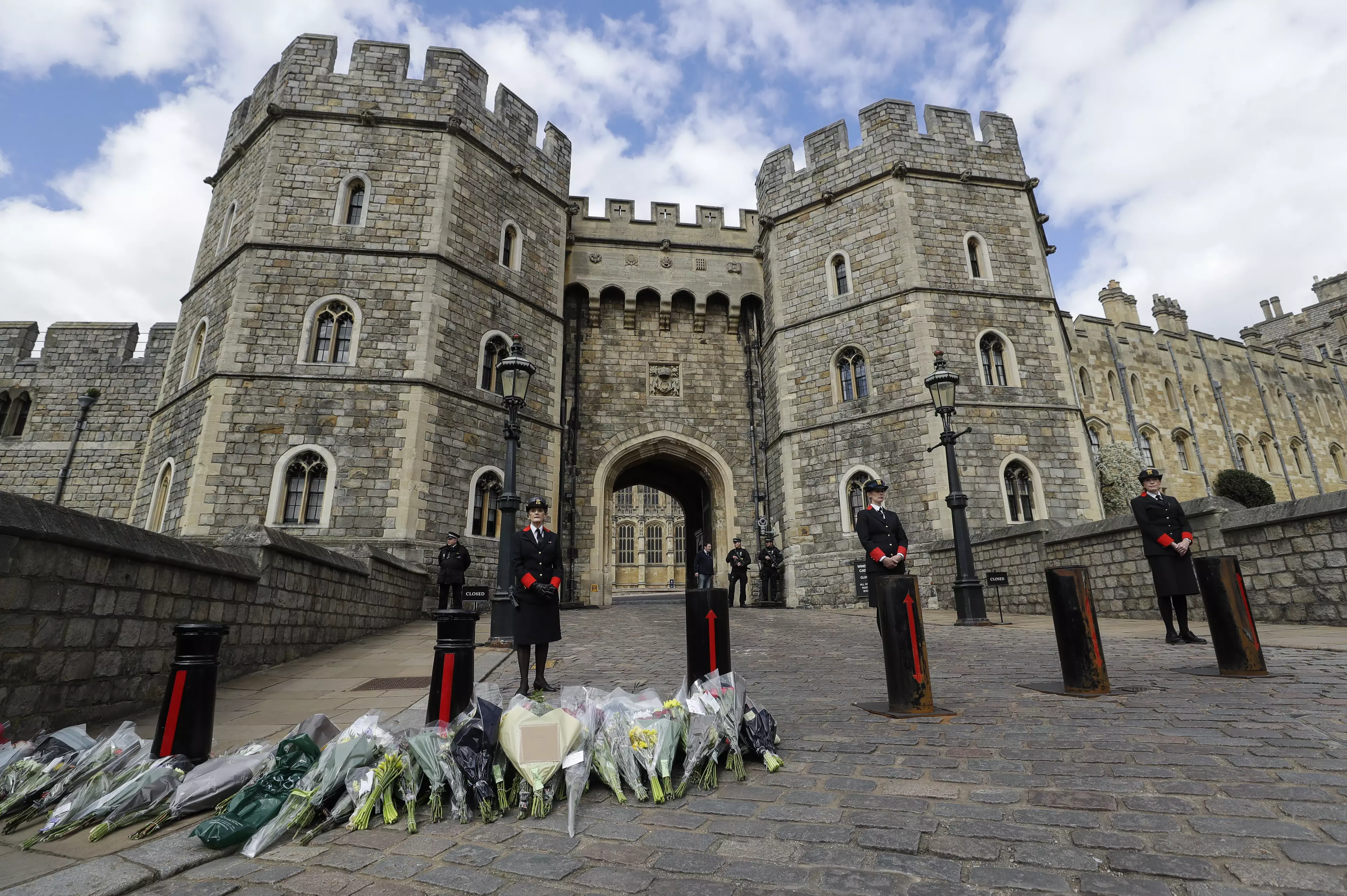 Flowers placed outside Windsor Castle after it was announced Prince Philip had died.