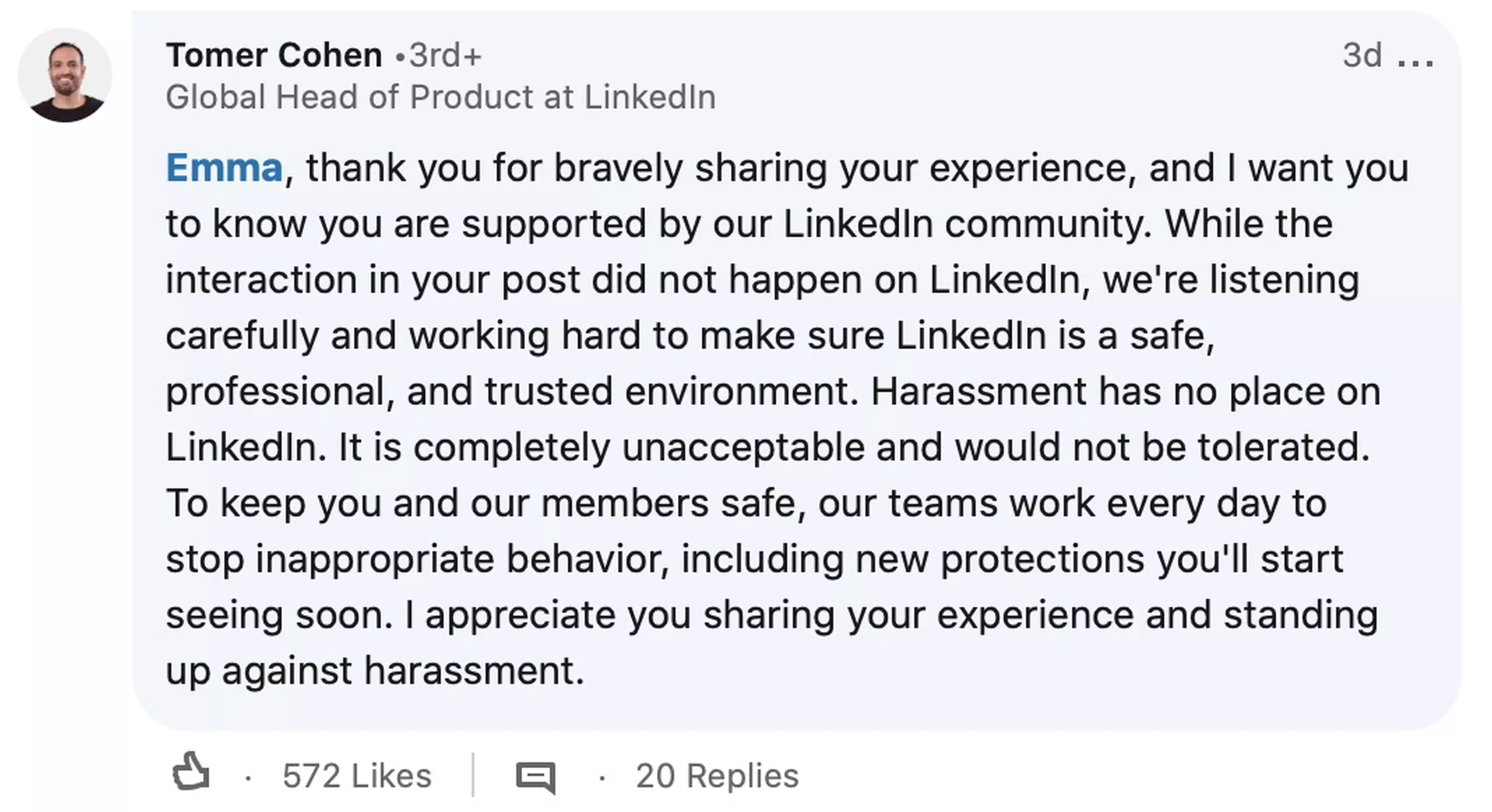 LinkedIn's Global Head of Product Tomer Cohen called his actions 'unacceptable' (