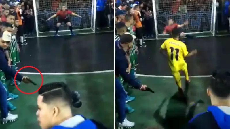 Brazilian Futsal Player Misses Penalty Under Threat Of Gun Wielding Fan