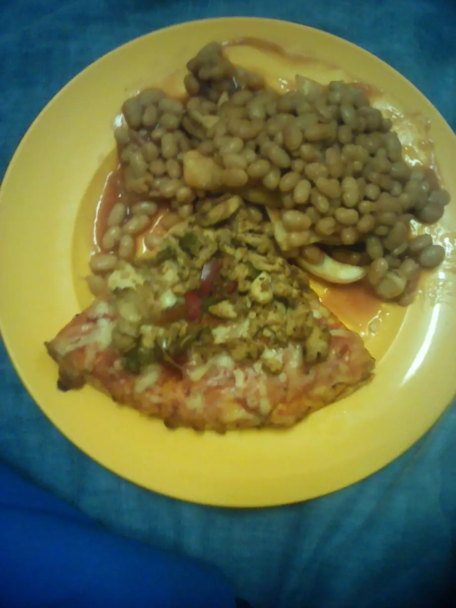 Pizza, beans and chips.