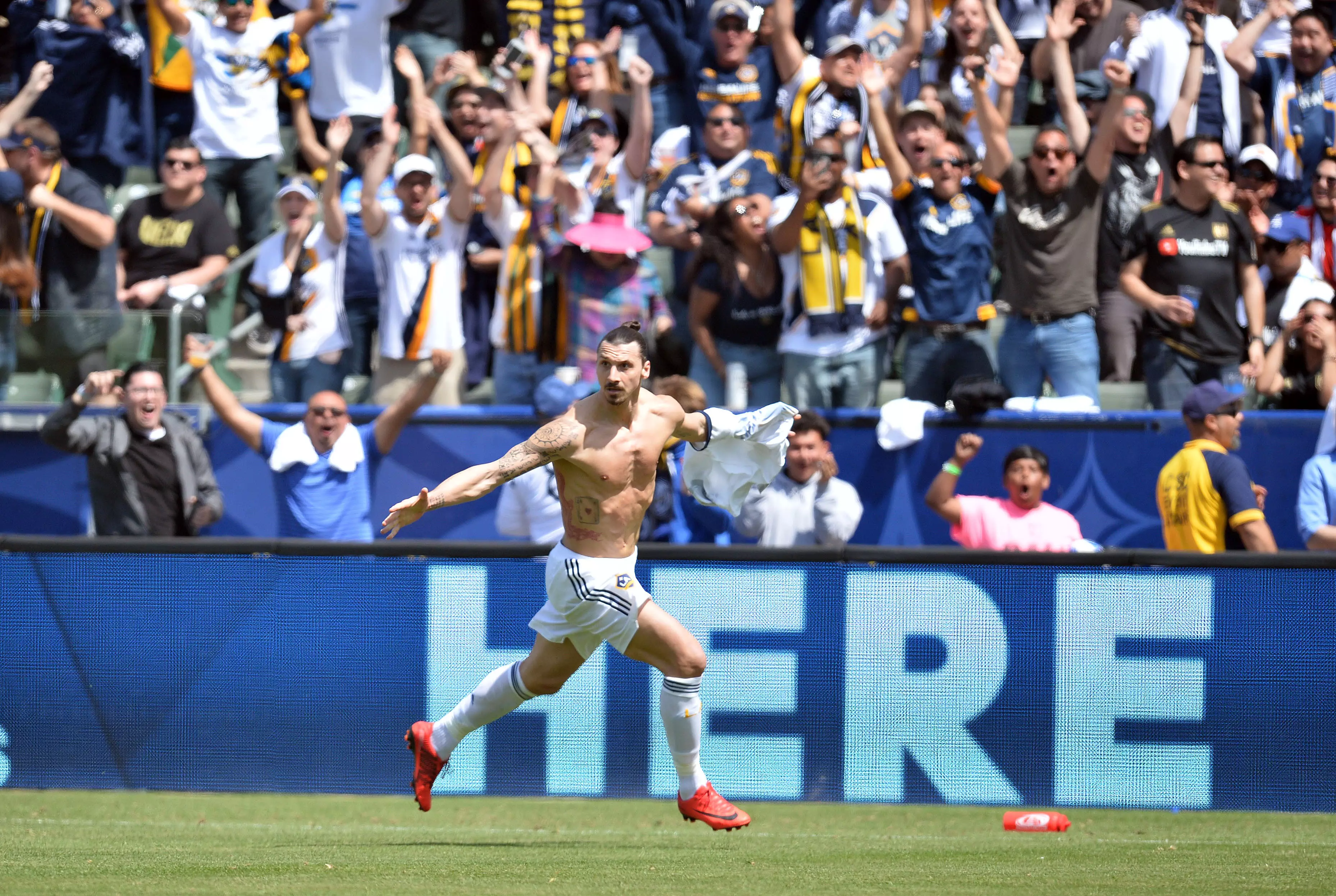 Ibra celebrates his first goal for Galaxy. Image: PA Images