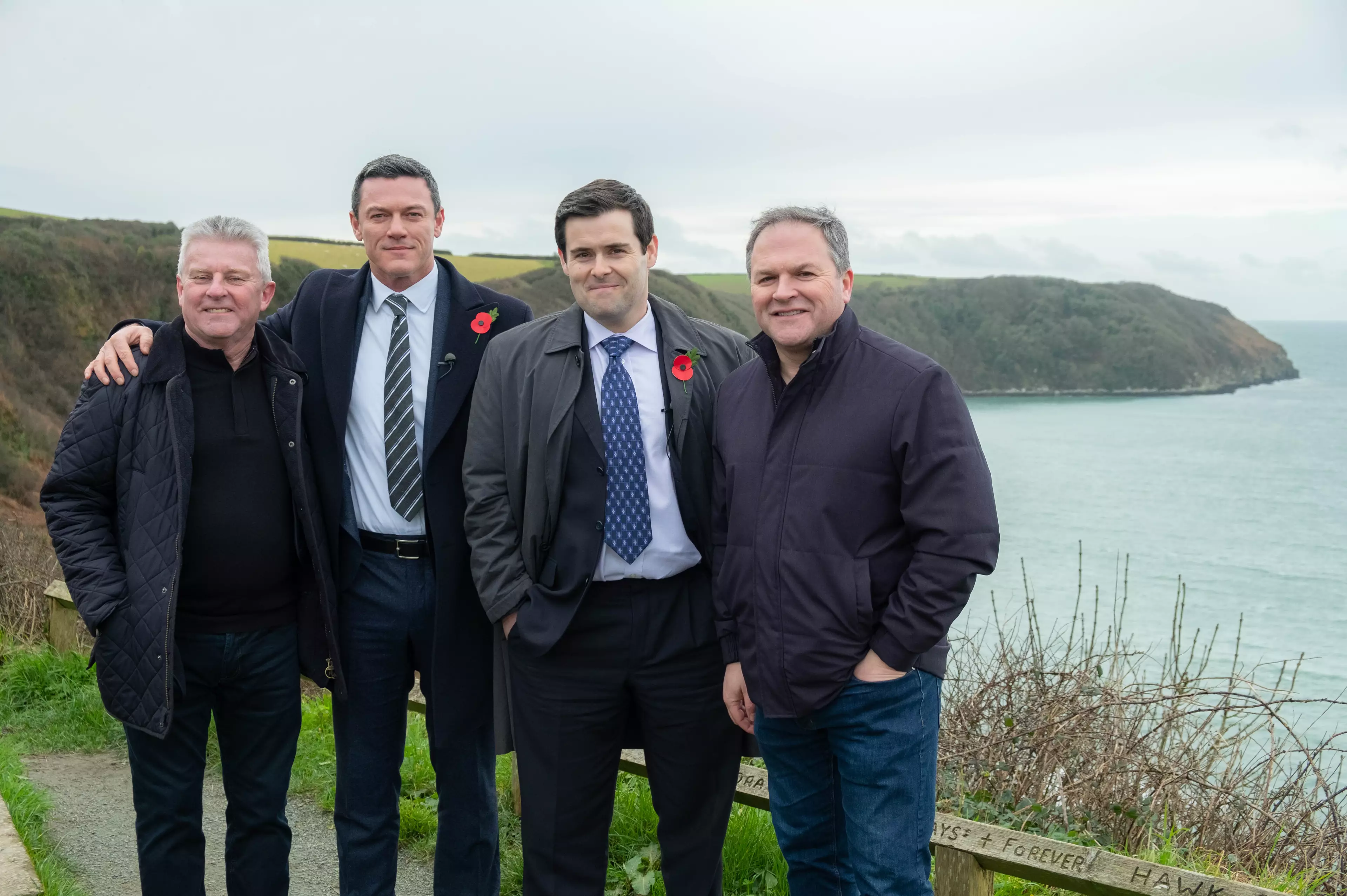 Steve Wilkins, Luke Evans, David Fynn and Jonathan Hill on set of The Pembrokeshire Murders (