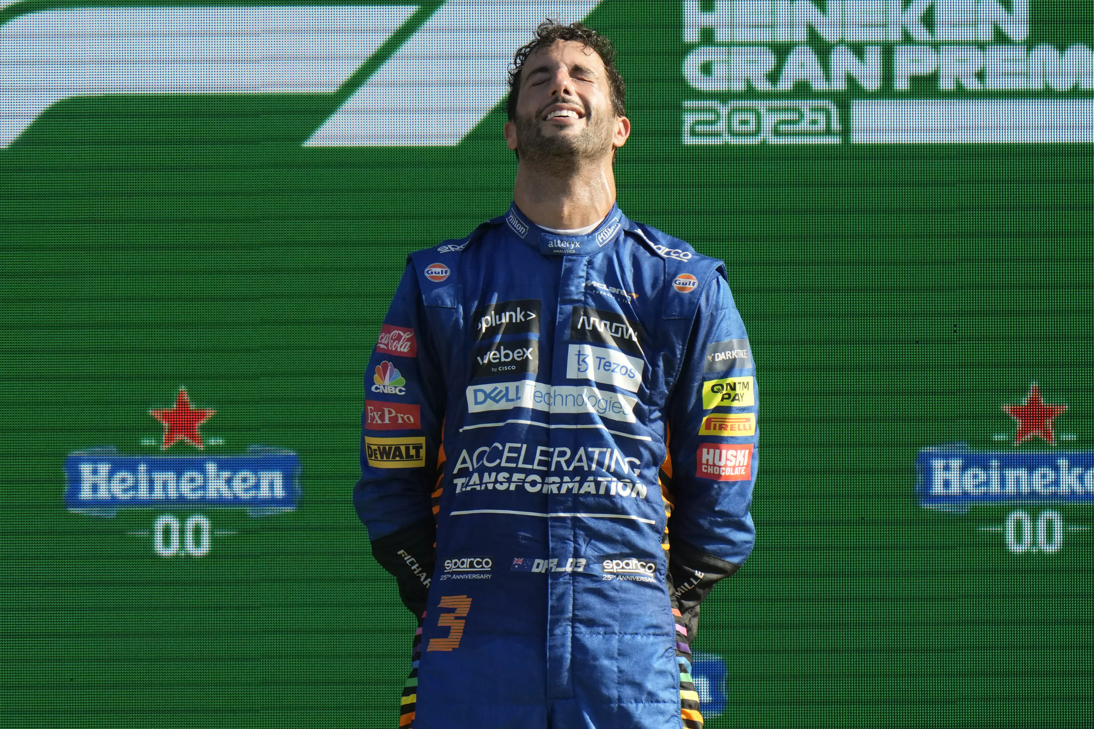 Mclaren driver Daniel Ricciardo of Australia celebrates after winning during the Italian Formula One Grand Prix.