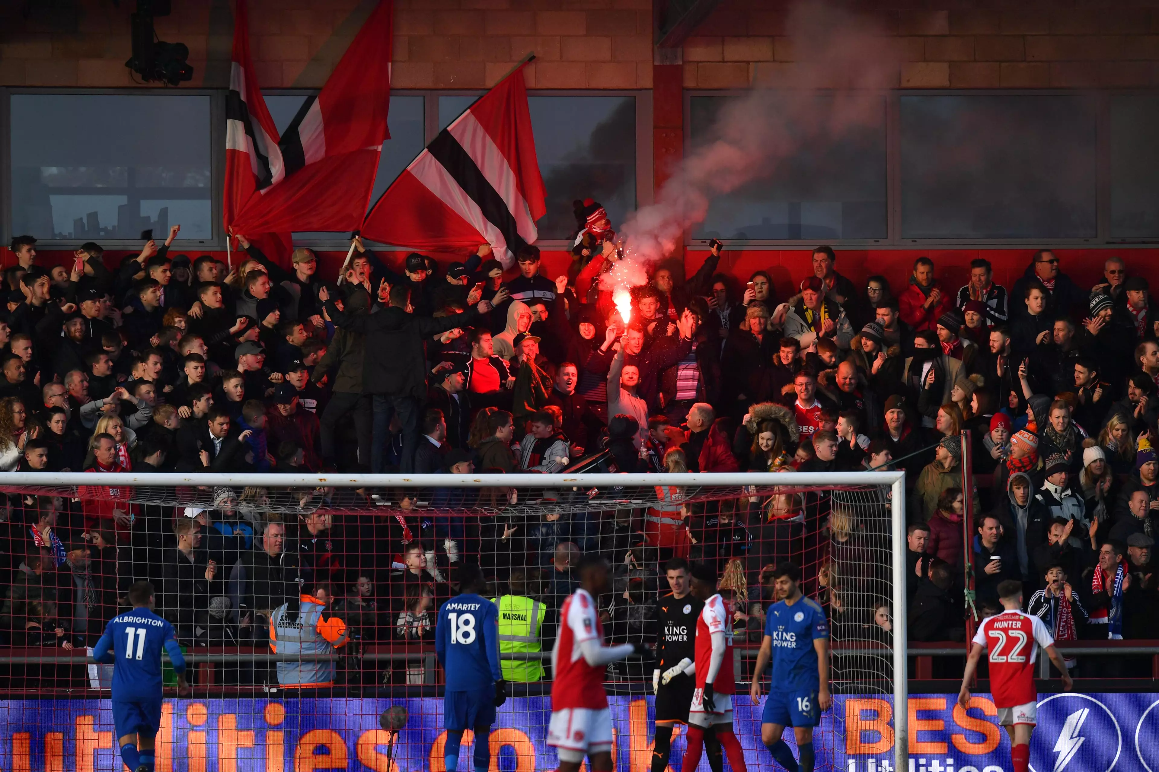 Fleetwood fans were loving life as they drew 0-0 with Leicester. Image: PA Images.