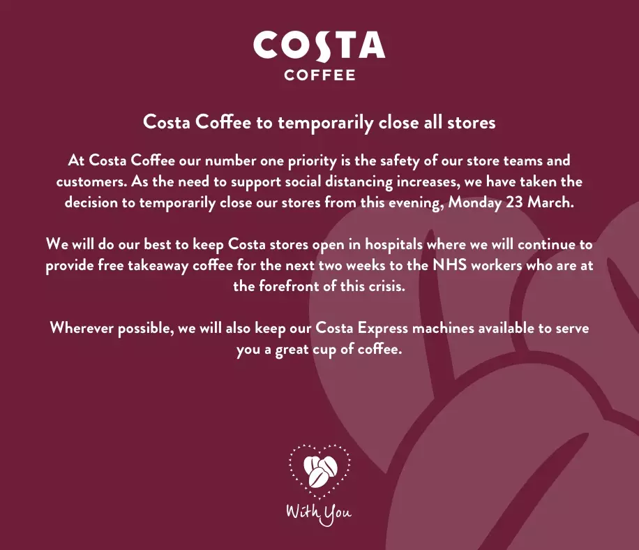 Al UK Costa Coffee shops will close today.
