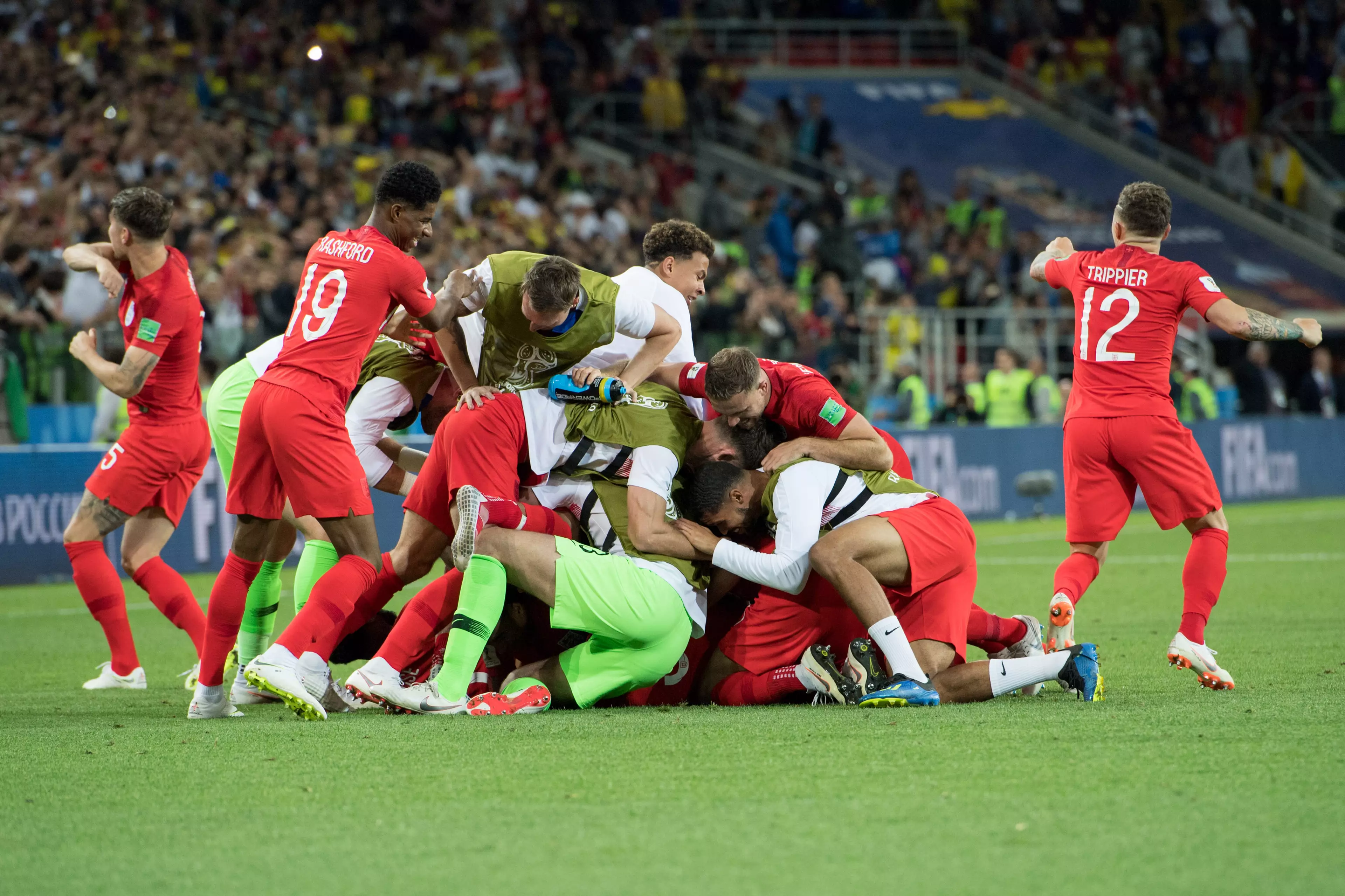 England celebrate winning a penalty shoot-out. Image: PA Images