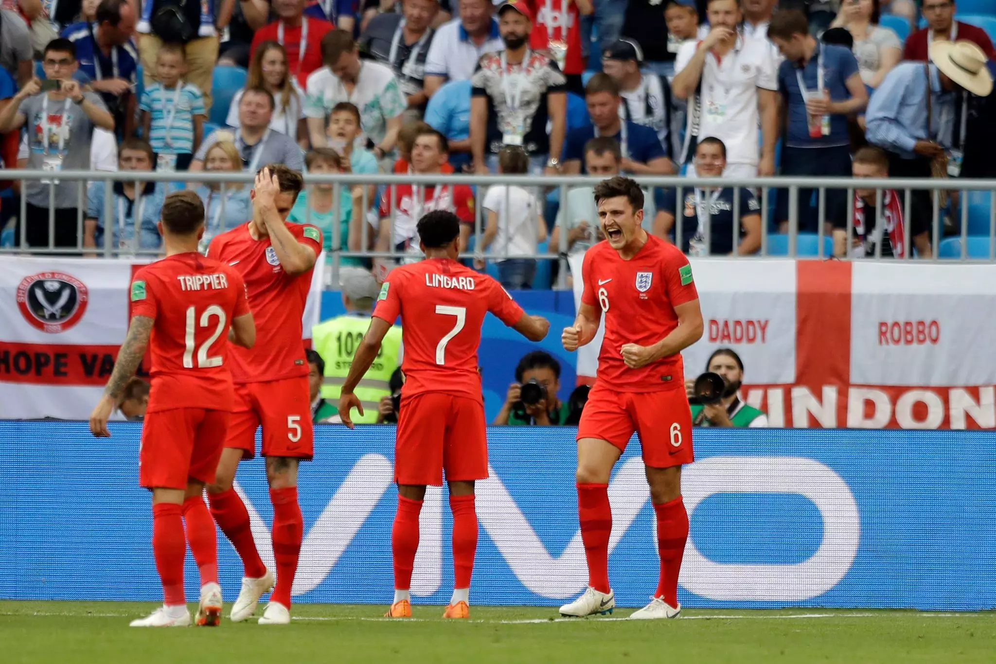 England players celebrate scoring a goal. Image: PA