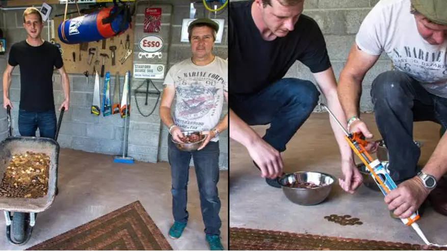 Father And Son Aren't Messing About As They Tile Garage With 33,000 Copper Coins