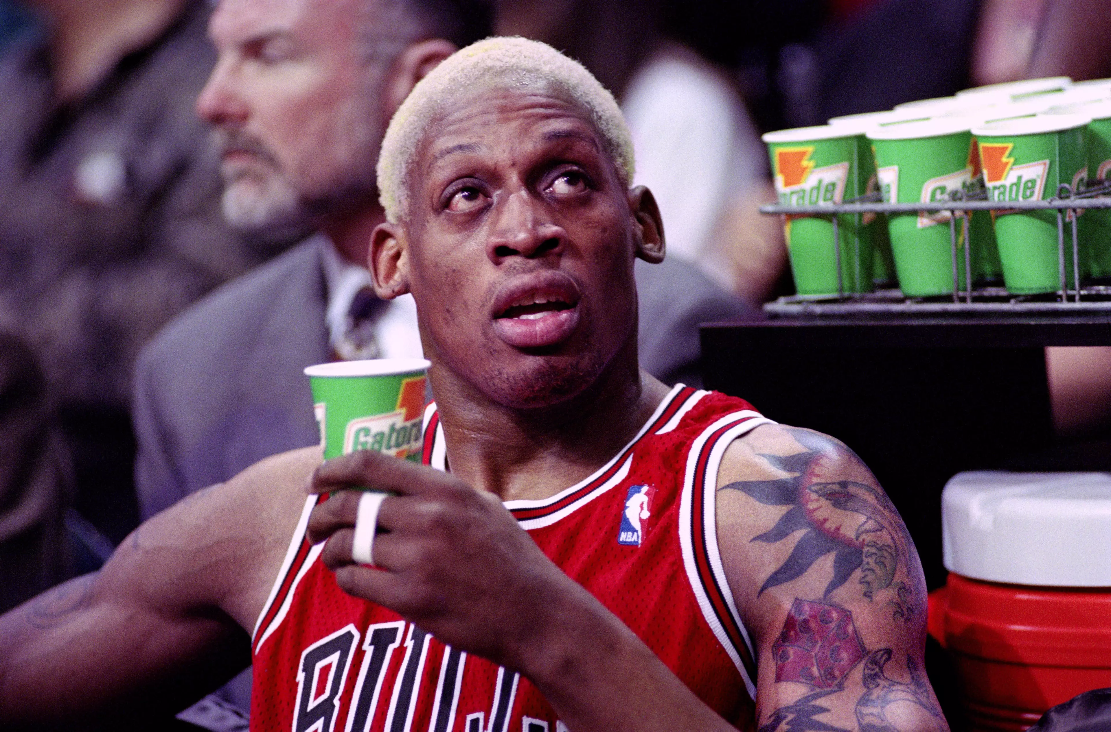 Dennis Rodman in 1996 during a break from a Chicago Bulls' game.