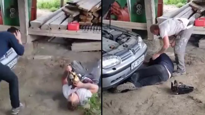 Guy Faints After His Mate Pretends To Get Butchered By Chainsaw 