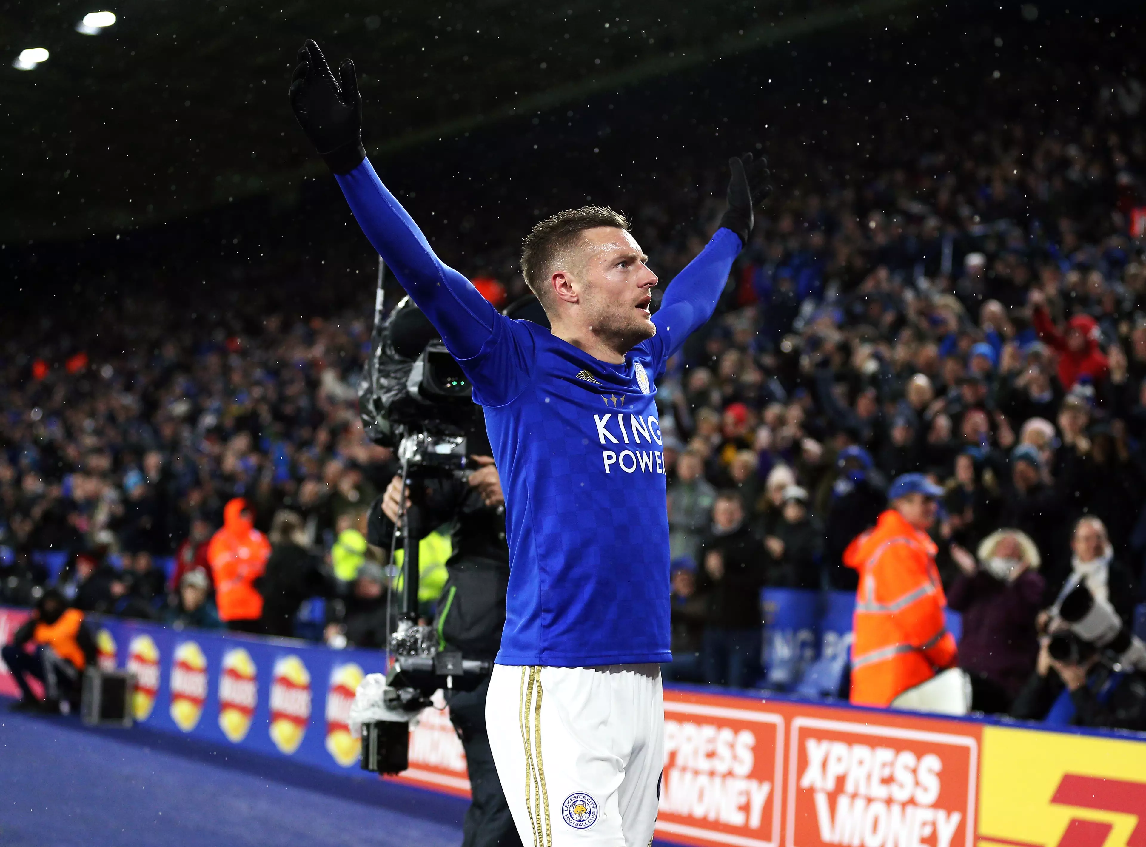 Jamie Vardy celebrates scoring in Leicester City's win vs Aston Villa, the last Premier League game to have a full stadium. Image: PA Images