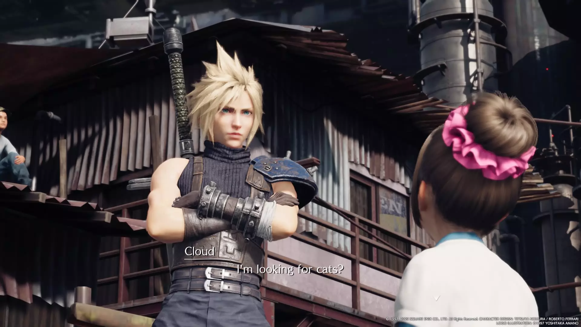 Cloud speaking to an NPC, about cats /