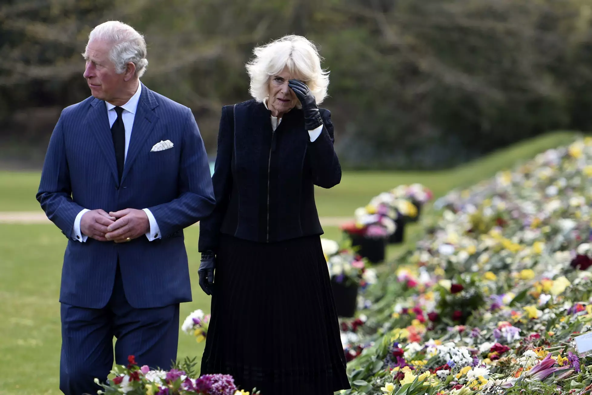 Prince Charles and Camilla, Duke of Cornwall, visit the tributes to the late Prince Philip.