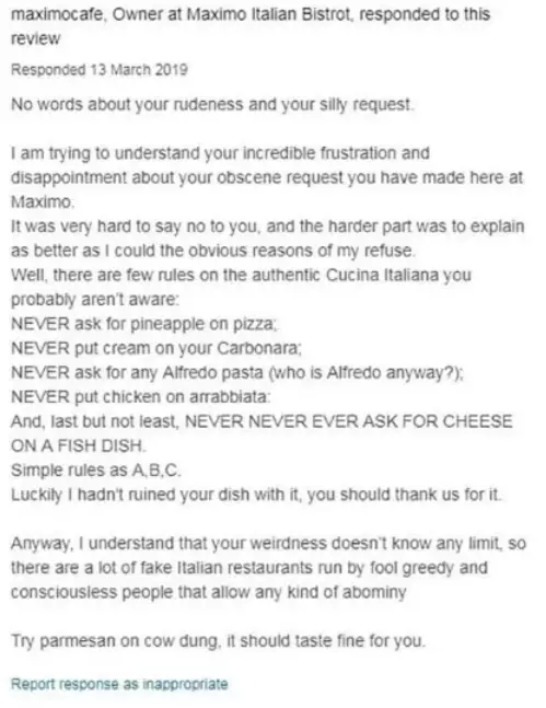 Massimo left a brutal message after receiving the 'terrible' review.