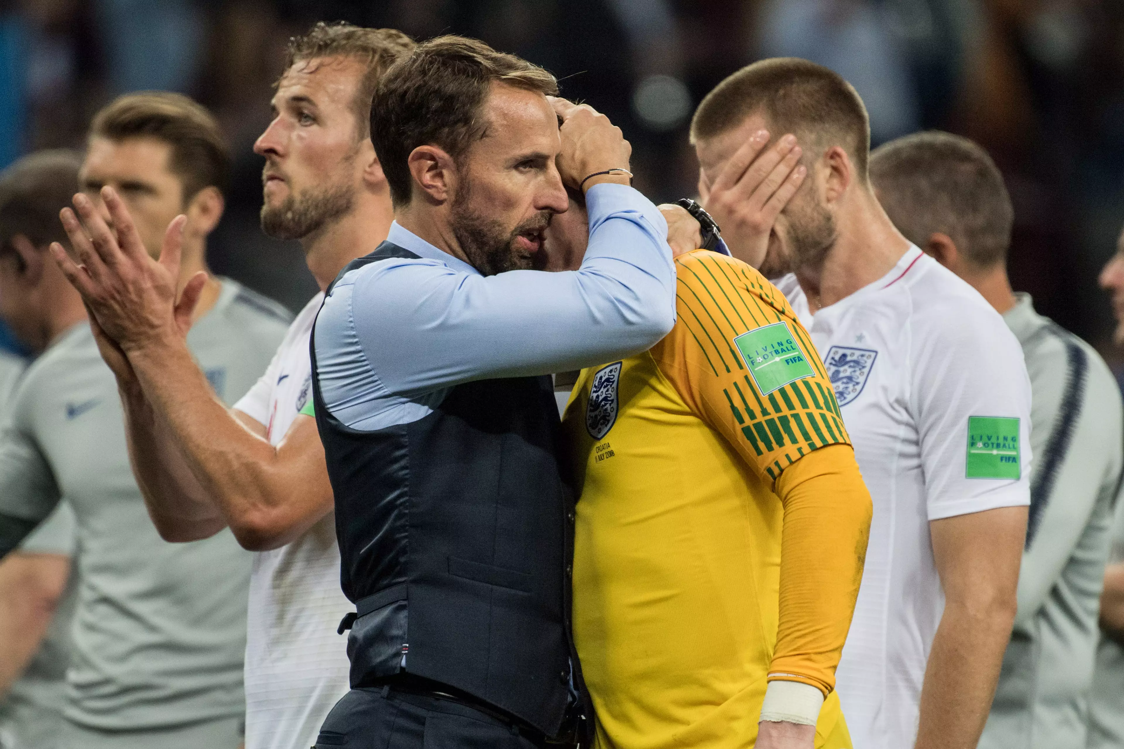 Southgate consoles Jordan Pickford after the World Cup defeat vs Croatia. Image: PA Images