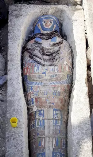 Ancient mummy covered with a layer of painted cartonnage, which was found inside a sarcophagus in area of King Amenemhat II's pyramid in the Dahshur royal necropolis, about 25 miles south of Cairo.