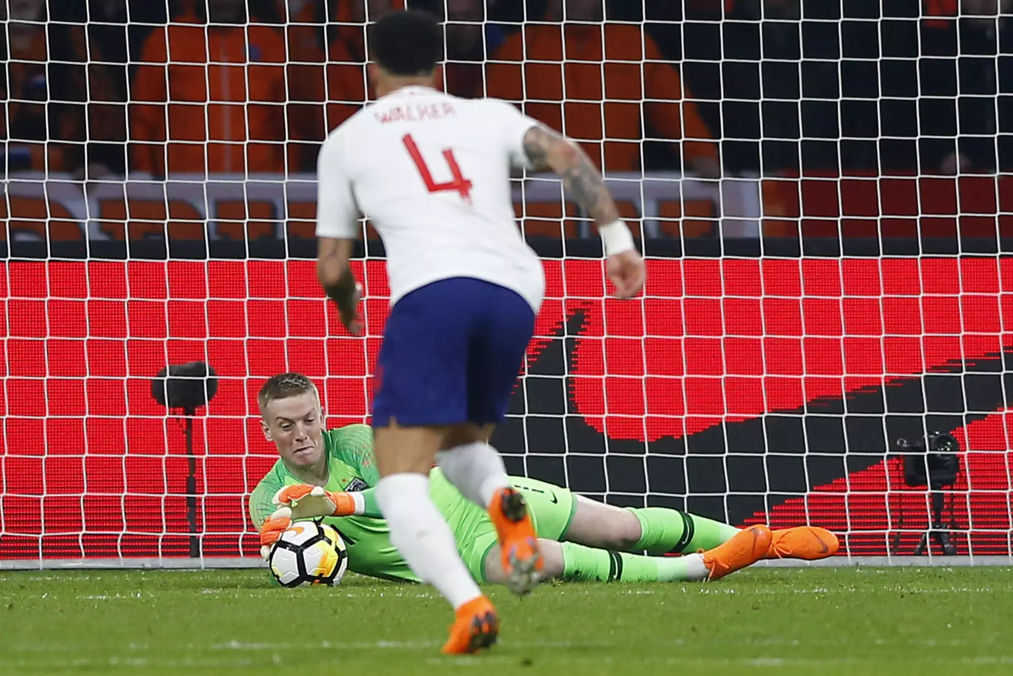 Pickford makes a rare save against Netherlands. Image: PA Images. 