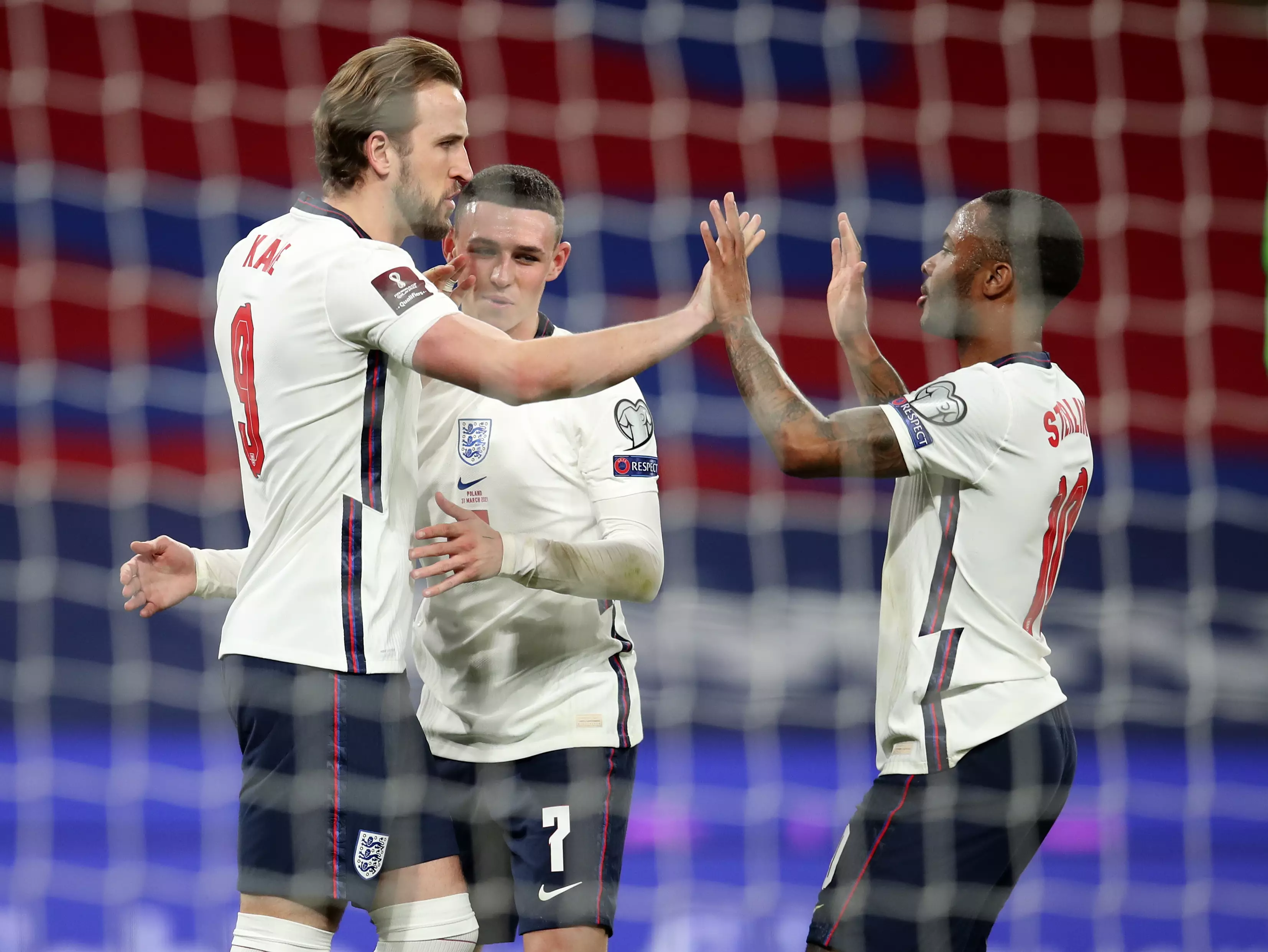Kane celebrates with Foden and Sterling after his opener. Image: PA Images