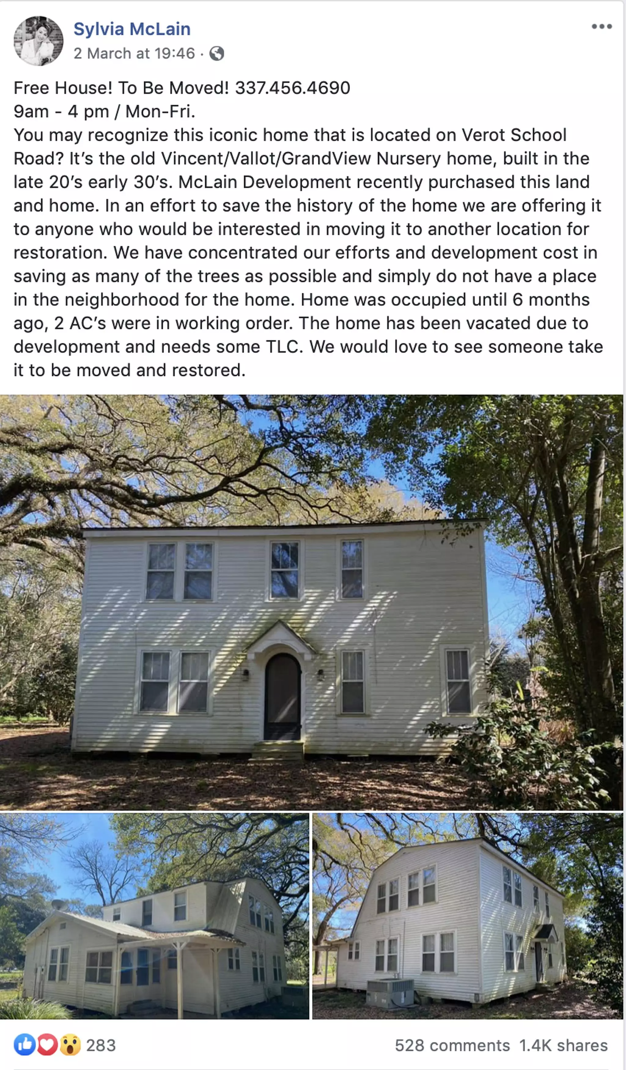 The Facebook post trying to sell the house.
