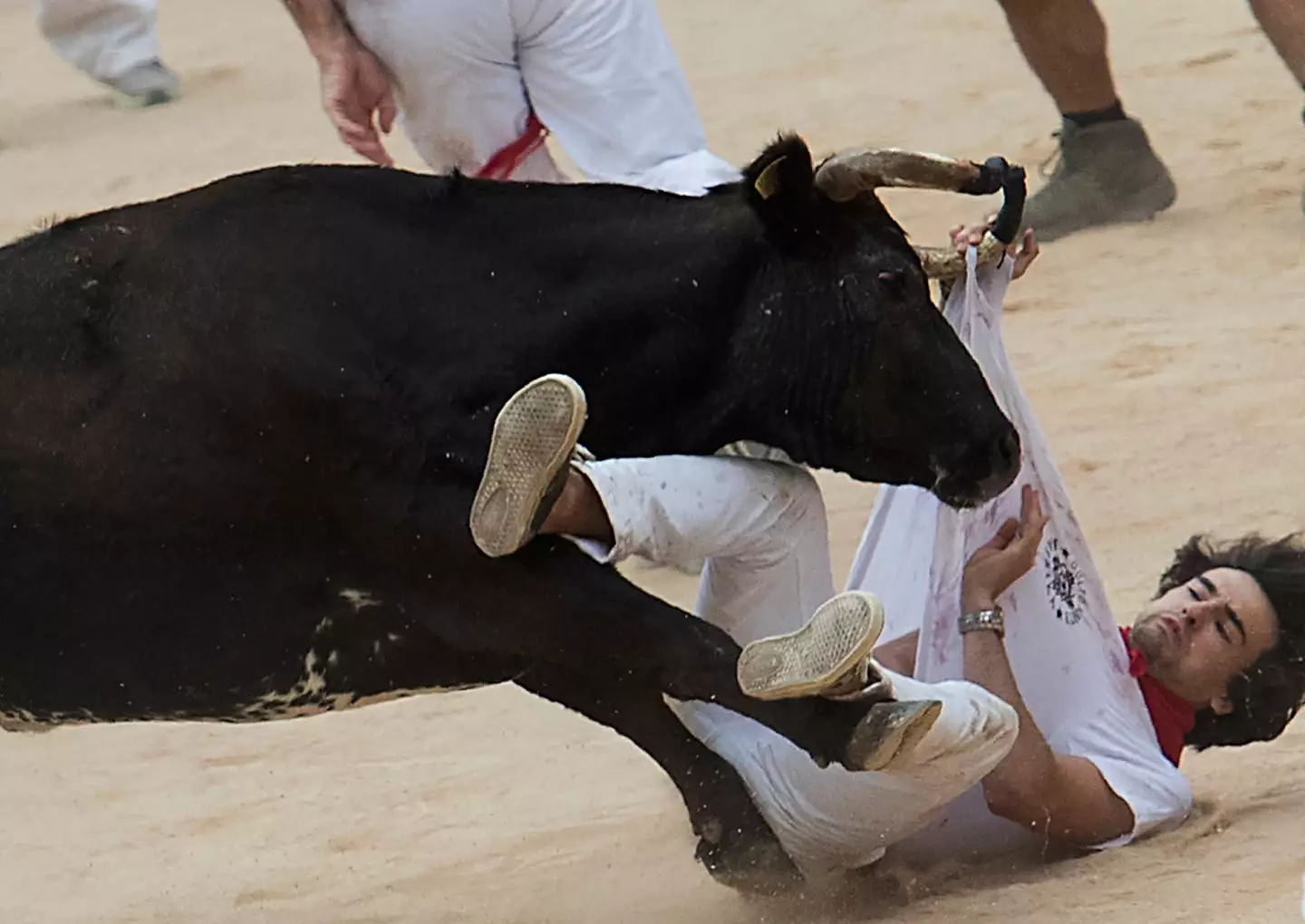 A man is struck by one of the bulls.