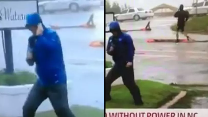 Weather Channel Reporter Filmed Being Overly-Dramatic As Men In Shorts Casually Stroll By