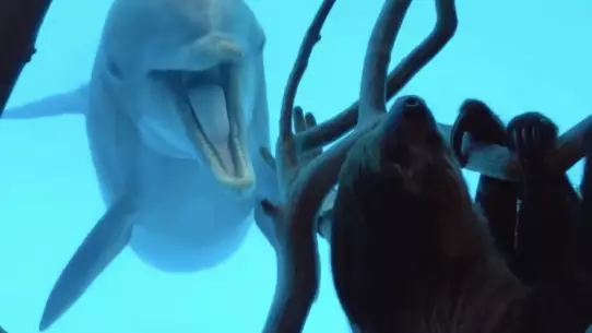 Dolphins Get Excited As Sloth Is Placed Outside Their Enclosure