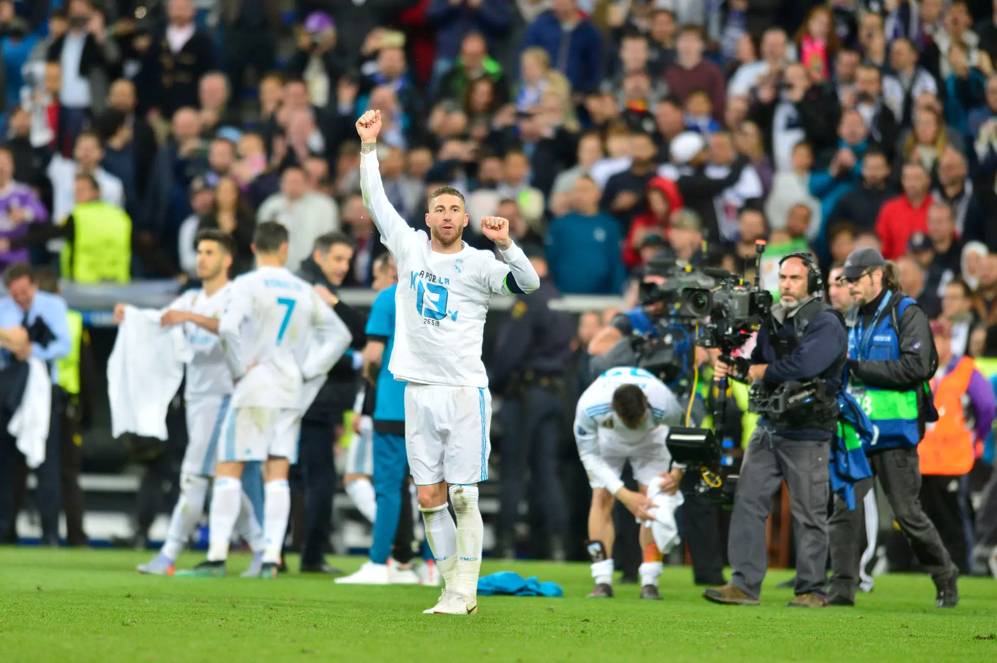 Ramos celebrates advancing to the Champions League final. Image: PA