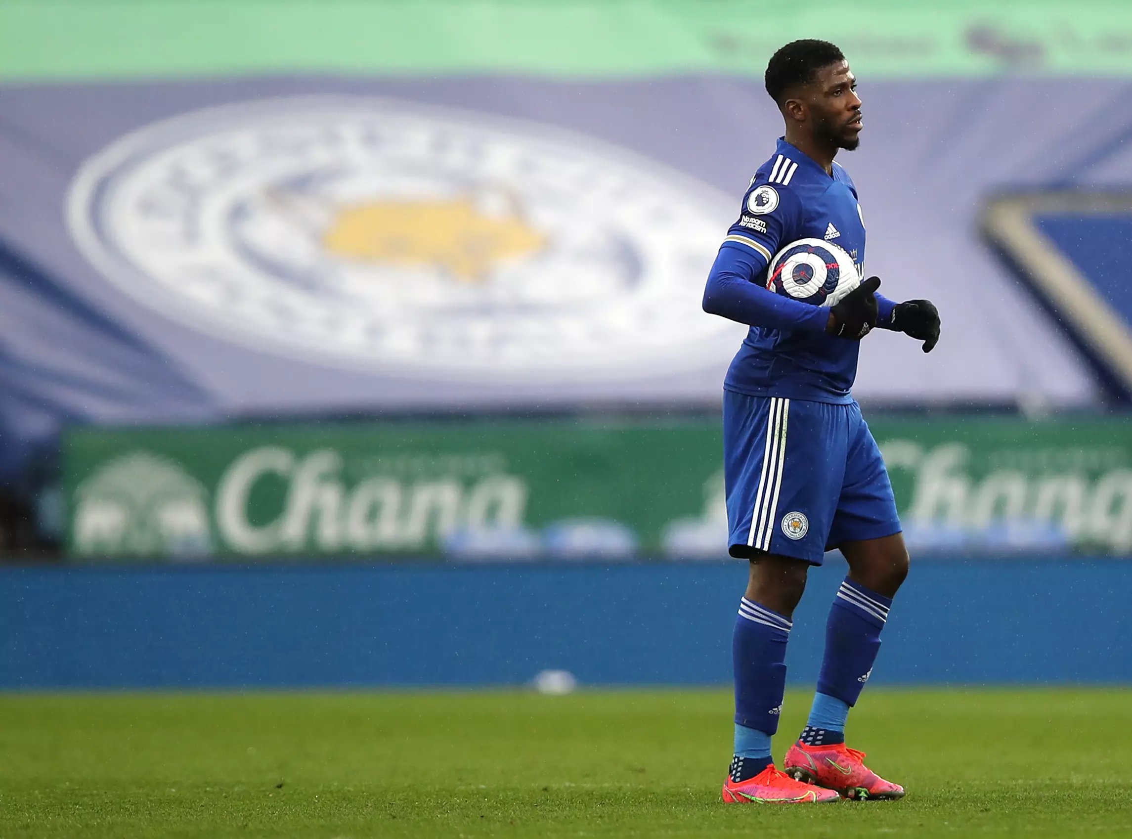 Leicester City's Kelechi Iheanacho celebrates his hat-trick with the match ball